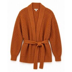 Amuse Chunky Knit Wrap Cardigan Sweater Belted Open Front Rust Orange L
